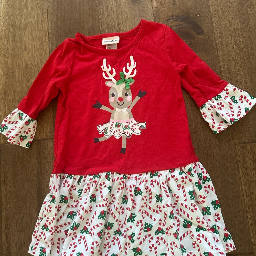 Little Lass Christmas Red Reindeer Dress